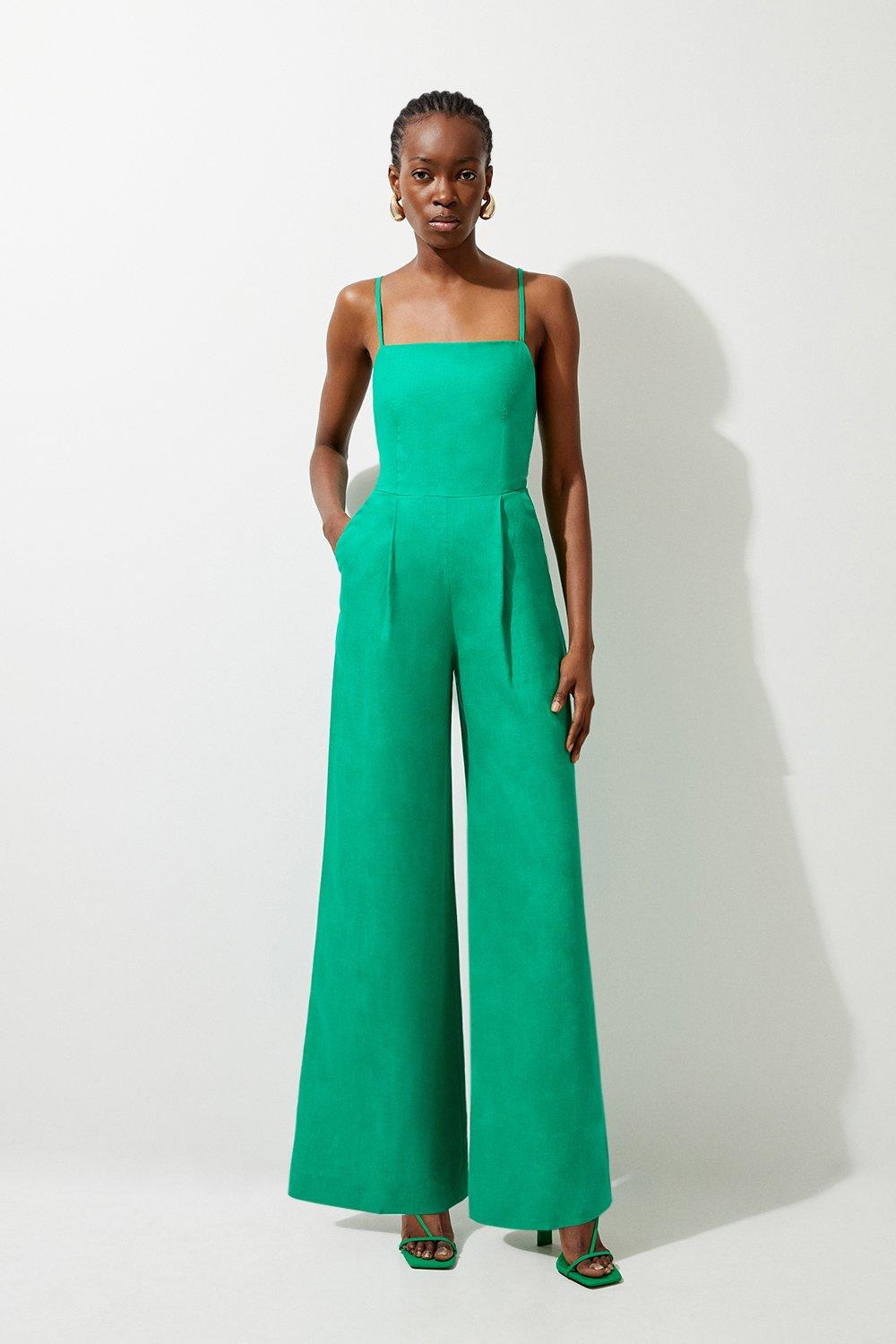 Premium Linen Tailored Halterneck Corset Back Wide Leg Jumpsuit | Karen Millen US