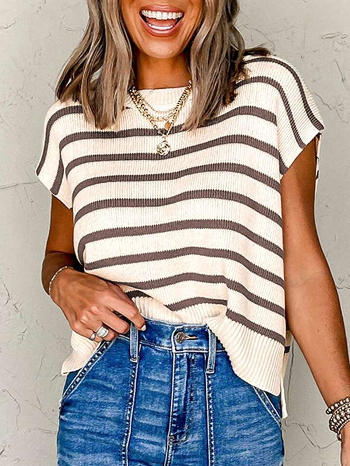 CILKOO Stripe Side Slits Crewneck Short Sleeve Sweater Tee | SHEIN