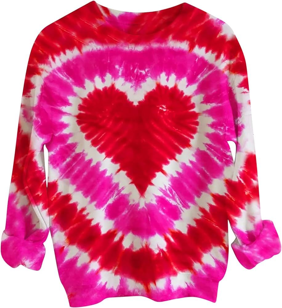 Heart Tie Dye Graphic Shirts for Womens Colorful Tie Dye Long Sleeve Sweatshirts Loose Crewneck Pull | Amazon (US)