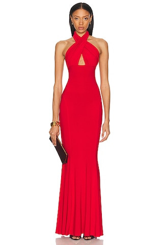 Norma Kamali Cross Halter Fishtail Gown in Tiger Red | FWRD | FWRD 