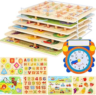 Wooden Toddler Puzzles and Rack Set - (6 Pack) Bundle with Storage Holder Rack and Learning Clock... | Amazon (US)