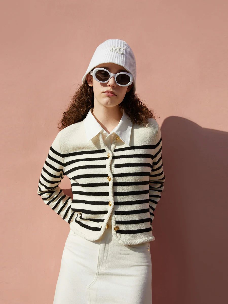 MO&Co. Women's Crop Knitted Striped Cardigan | MO&Co.