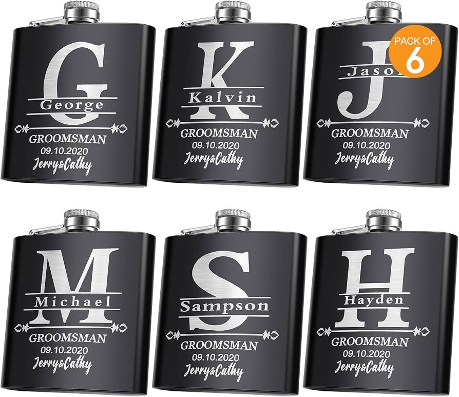Groomsmen Gifts Set of 6, Groomsman Gifts for Wedding, Custom Stainless Steel Hip Flasks 6 Oz. Pe... | Amazon (US)