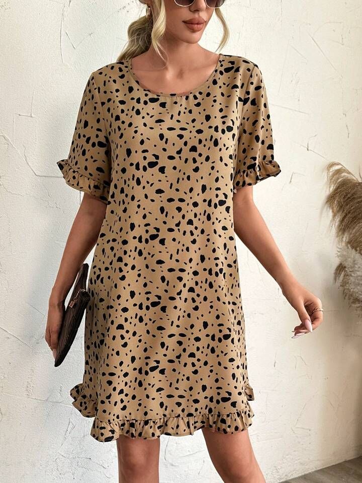 SHEIN LUNE Dalmatian Print Ruffle Trim Dress | SHEIN
