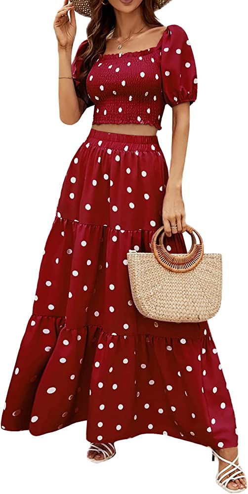 Rooscier Women's 2 Piece Outfit Polka Dots Shirred Crop Top Beach Maxi Skirt Set | Amazon (US)