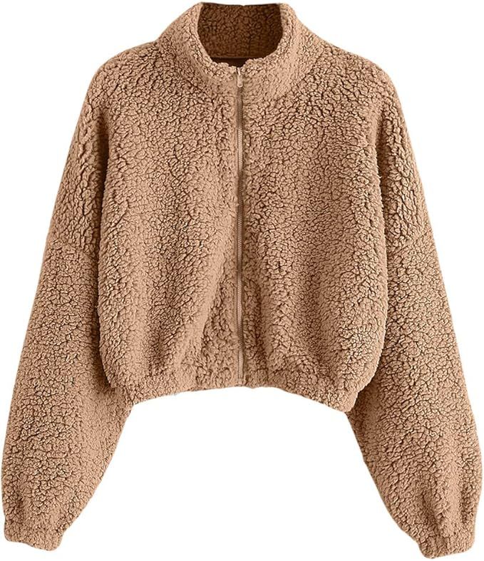 ZAFUL Women's Faux Fur Fuzzy Coat Full Zip Drop Shoulder Jacket Cropped Sweatshirts (3-Khaki,S) a... | Amazon (US)