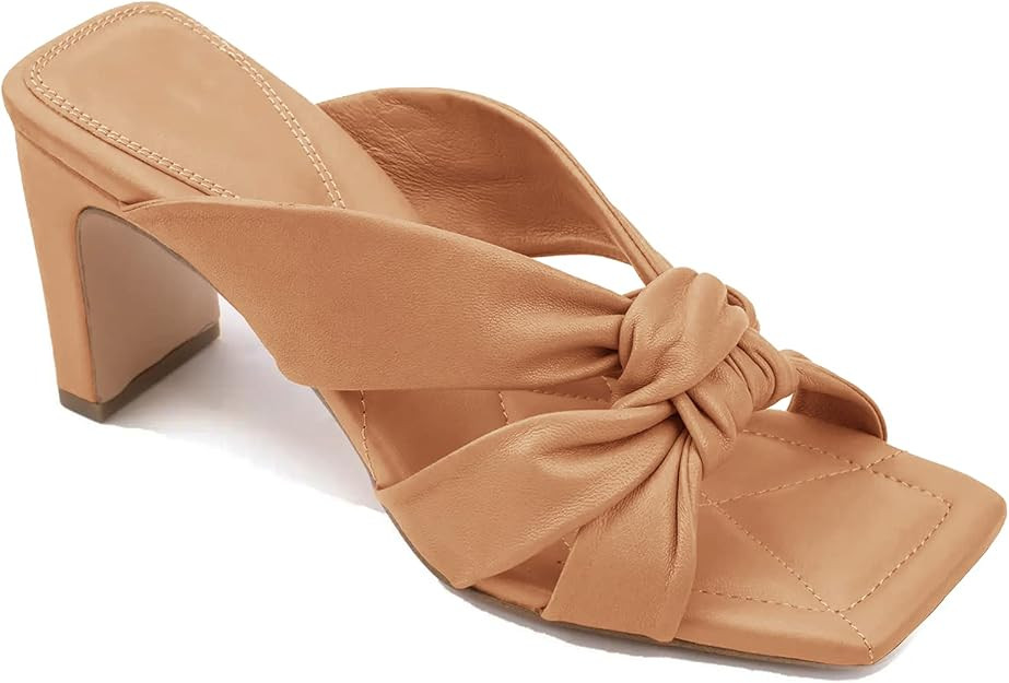 Womens Square Toe Bowtie Slides Heels Sandals Backless Mules Chunky Heeled Comfortable Slip on Sl... | Amazon (US)