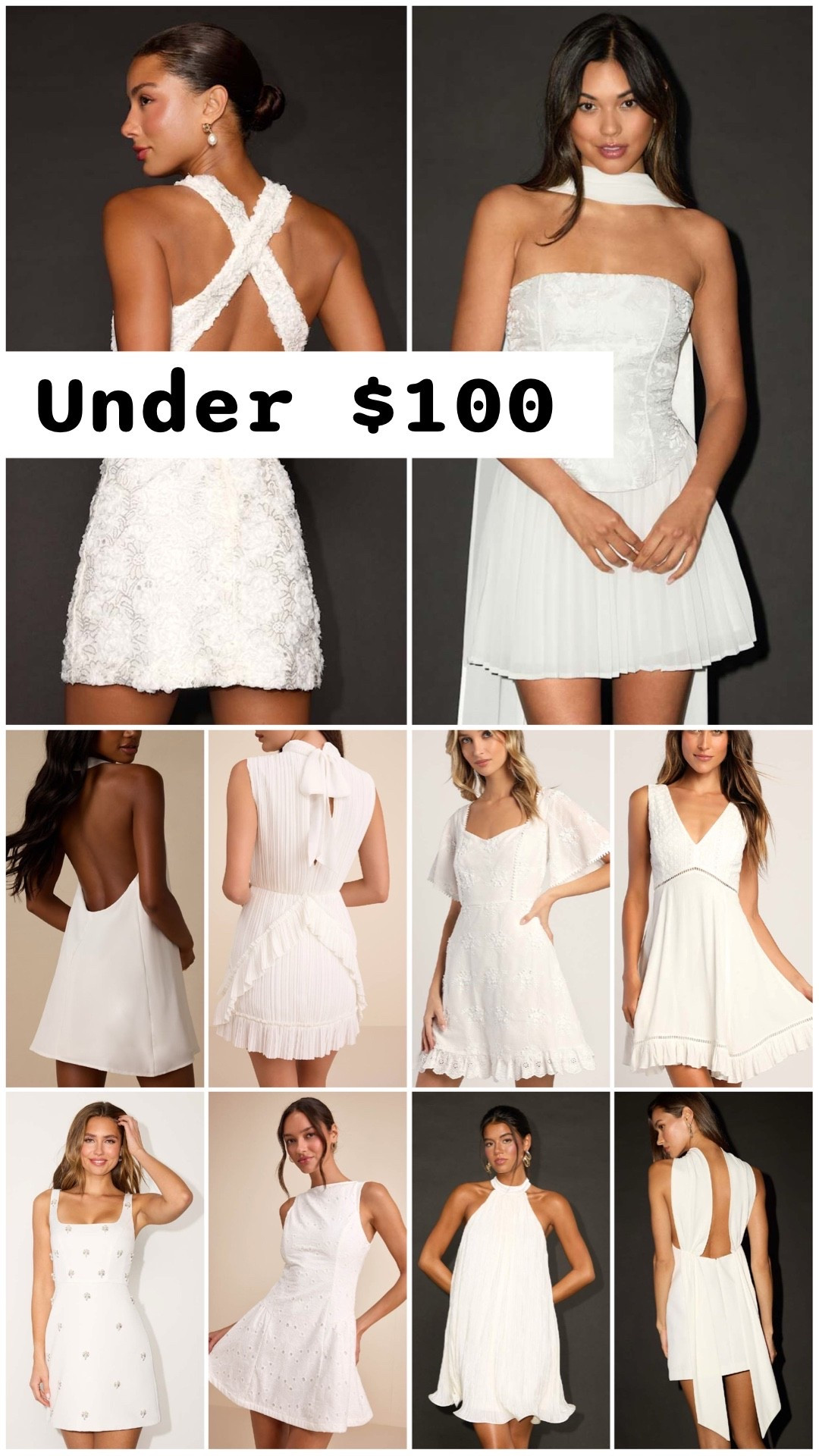 Little white dresses for the bride to be under $100 at Lulus. 

Country concert dresses, summer dresses, resort wear 2026, date night dresses, bachelorette weekend, bachelorette party dresses, honeymoon packing, bridal shower dresses, engagement photo shoot, festival dresses, after party dresses.

#LTKWedding #LTKSeasonal