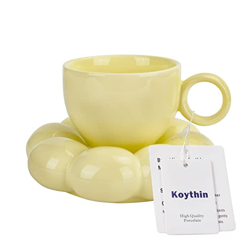 Koythin Ceramic Coffee Mug with Saucer Set, Creative Cute Cup with Sunflower Coaster for Office and Home, Dishwasher and Microwave Safe, 6.5 oz/200 ml for Tea Latte Milk (Lemon Yellow) | Amazon (US)
