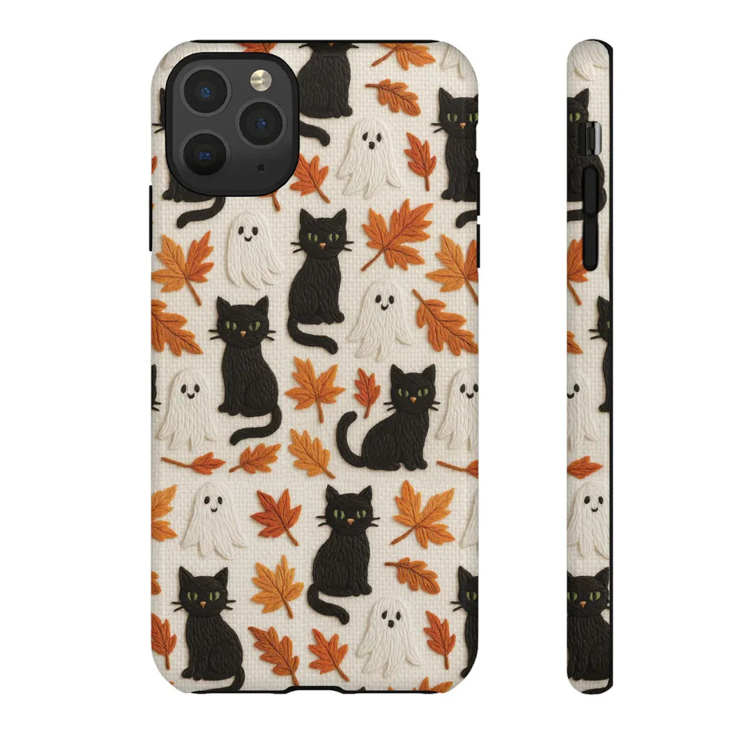 Black Cat & Ghost Phone Case, Cute Fall Halloween Embroidery Style, Autumn Leaves Spooky Aestheti... | Etsy (US)