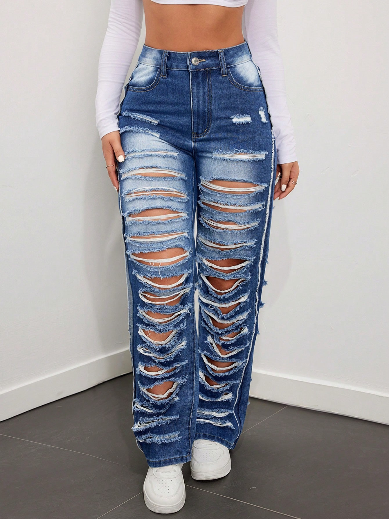 SHEIN ICON Ripped & Washed Denim Straight Leg Jeans | SHEIN