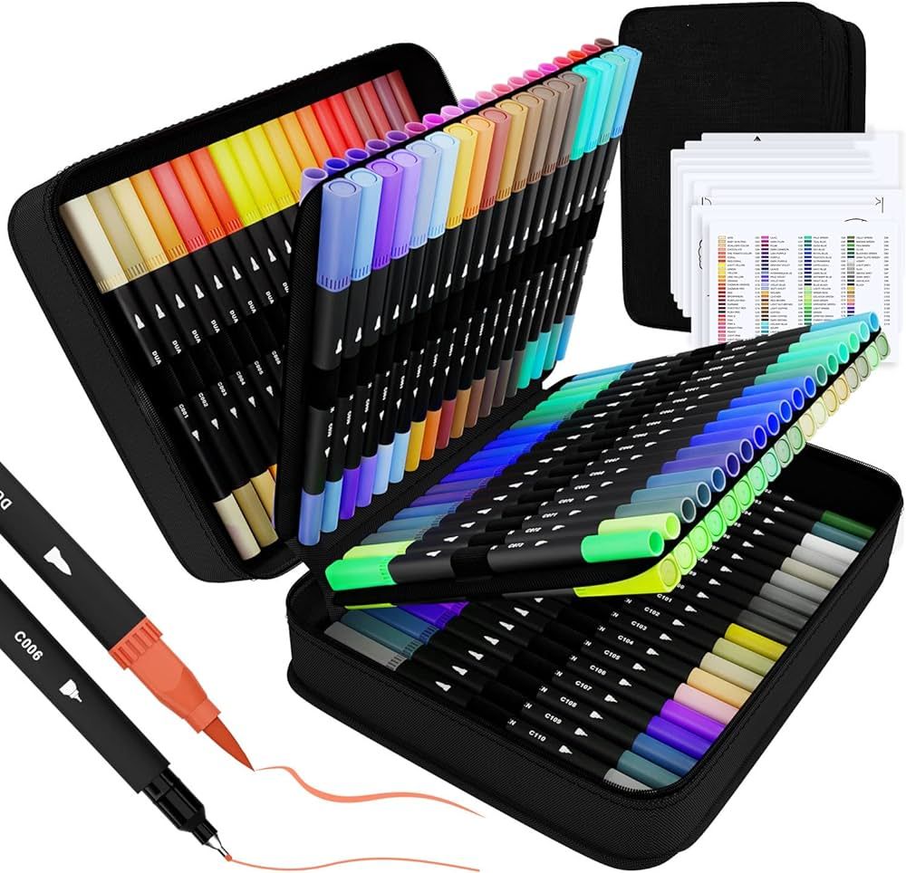 sunacme Art Supplier Dual Brush Markers, 110 Artist Fineliner & Brush Tip Pens with Premium Case ... | Amazon (US)