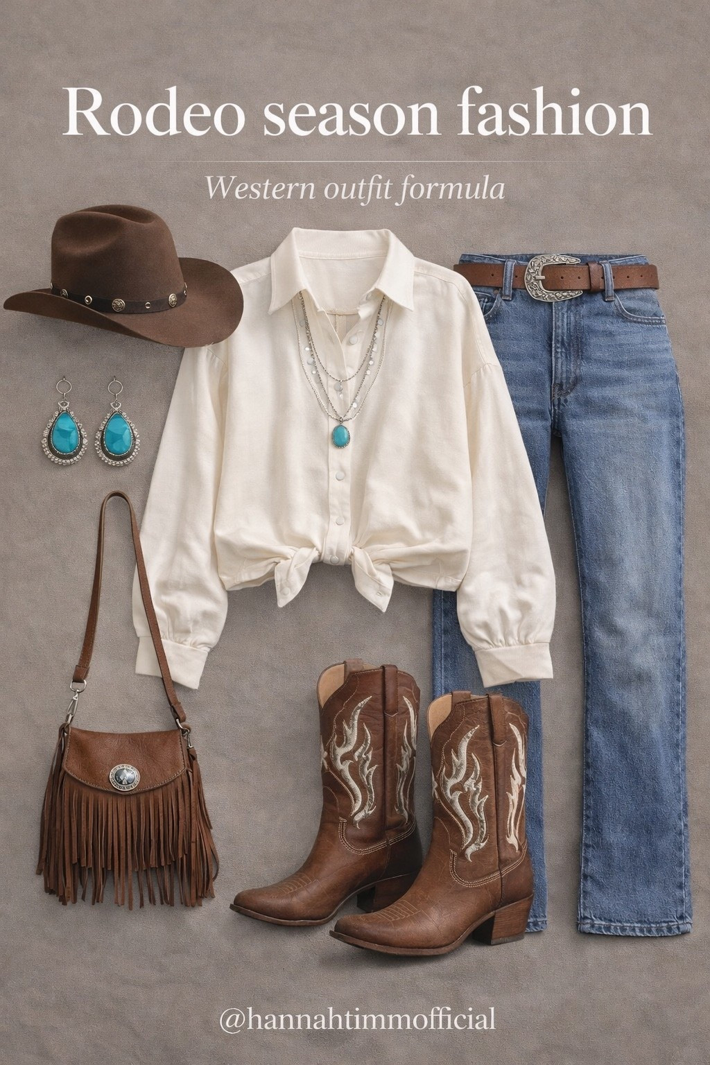 Rodeo season outfit formula 🤠
Cowboy hat + turquoise jewelry + tied button-down + vintage denim + statement boots.
Easy western style for spring rodeos and country concerts. Pieces linked in LTK.