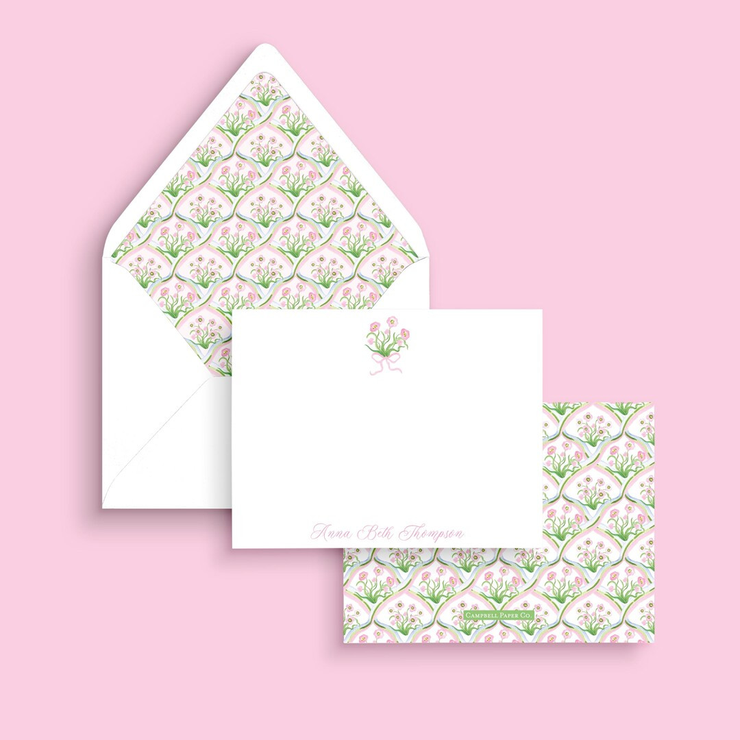 Personalized Stationery: Pink & Green Block Print Notecards - Etsy | Etsy (US)