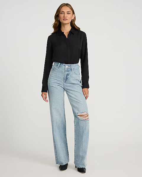 High Waisted Light Wash 50/50 Rigid Stretch Ripped Wide Leg Jeans | Express