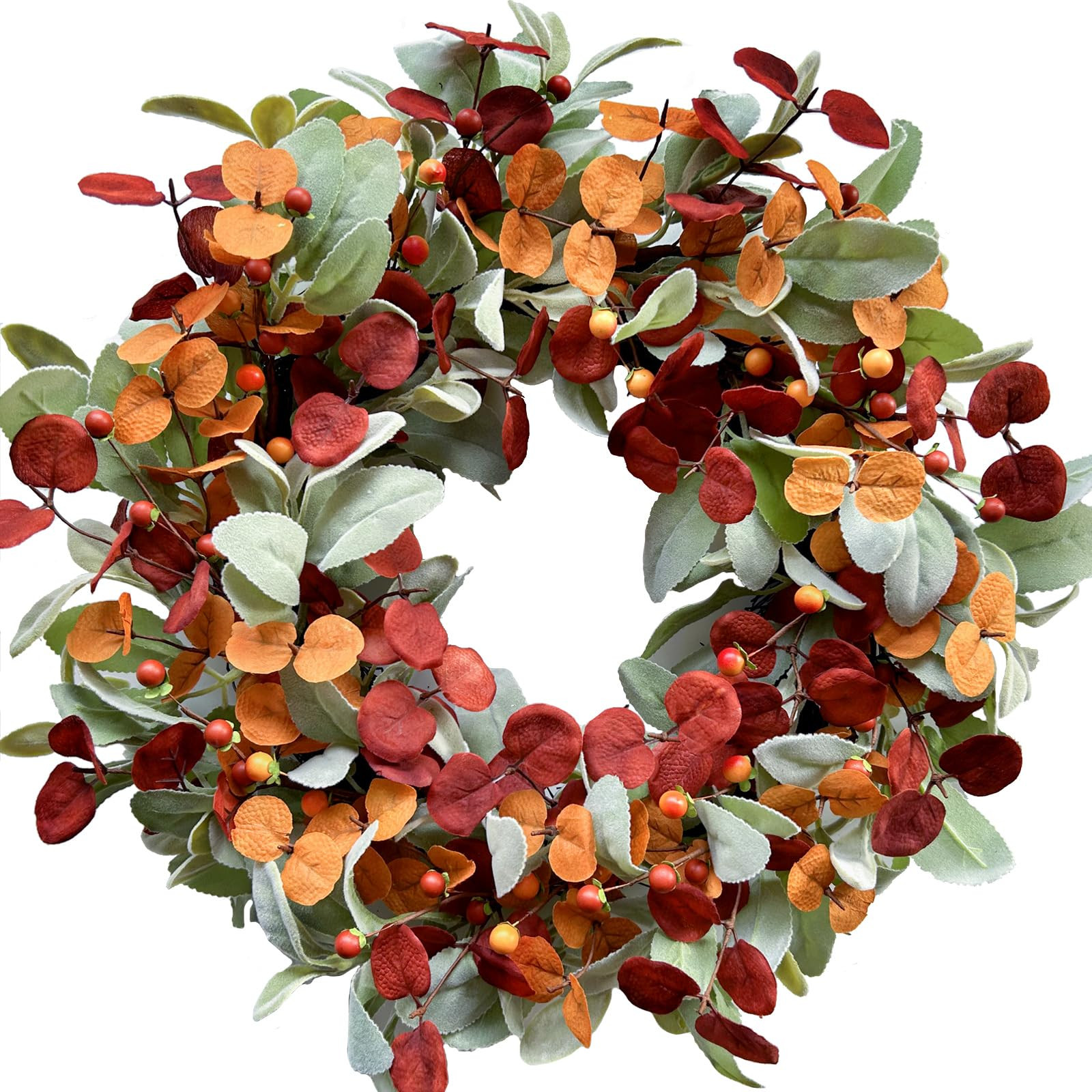Artificial Fall Wreath for Front Door, Autumn Door Wreath with Lambs Ears Leave Eucalyptus Leaves Berry,Fall Wreaths for Indoor Outdoor Farmhouse Home Wall Window Festival Wedding Decor | Amazon (US)