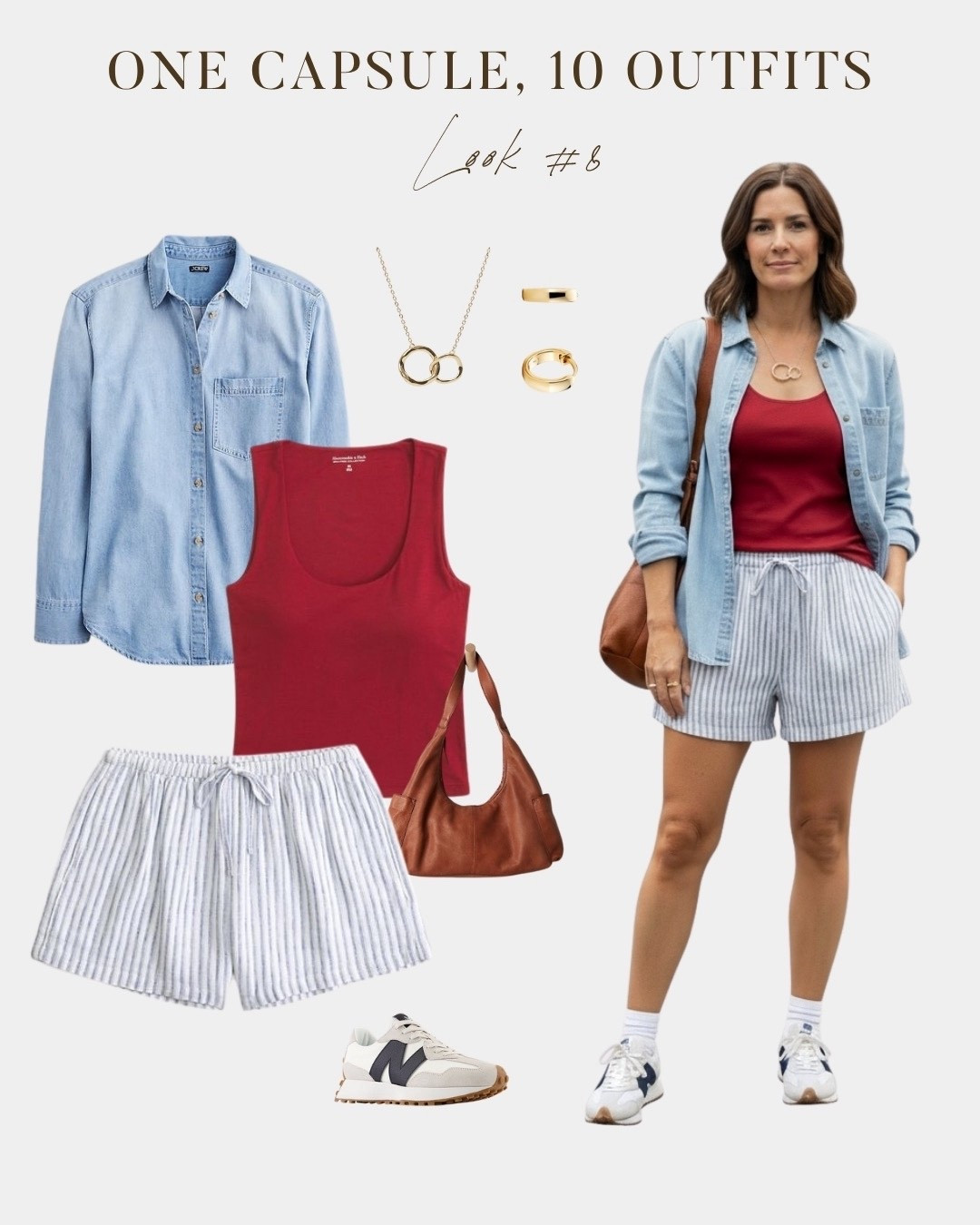 Spring and summer capsule wardrobe outfit featuring striped linen shorts, a red tank top, and a chambray shirt worn open as a casual layer. An easy everyday look that works for beach walks, coffee runs, school pickup, and errands. Comfortable and put together without any effort. Pieces from Abercrombie, J.Crew, and New Balance at a mix of price points. Part of a ten outfit spring and summer capsule wardrobe series.

#LTKSeasonal #LTKOver40 #LTKootd