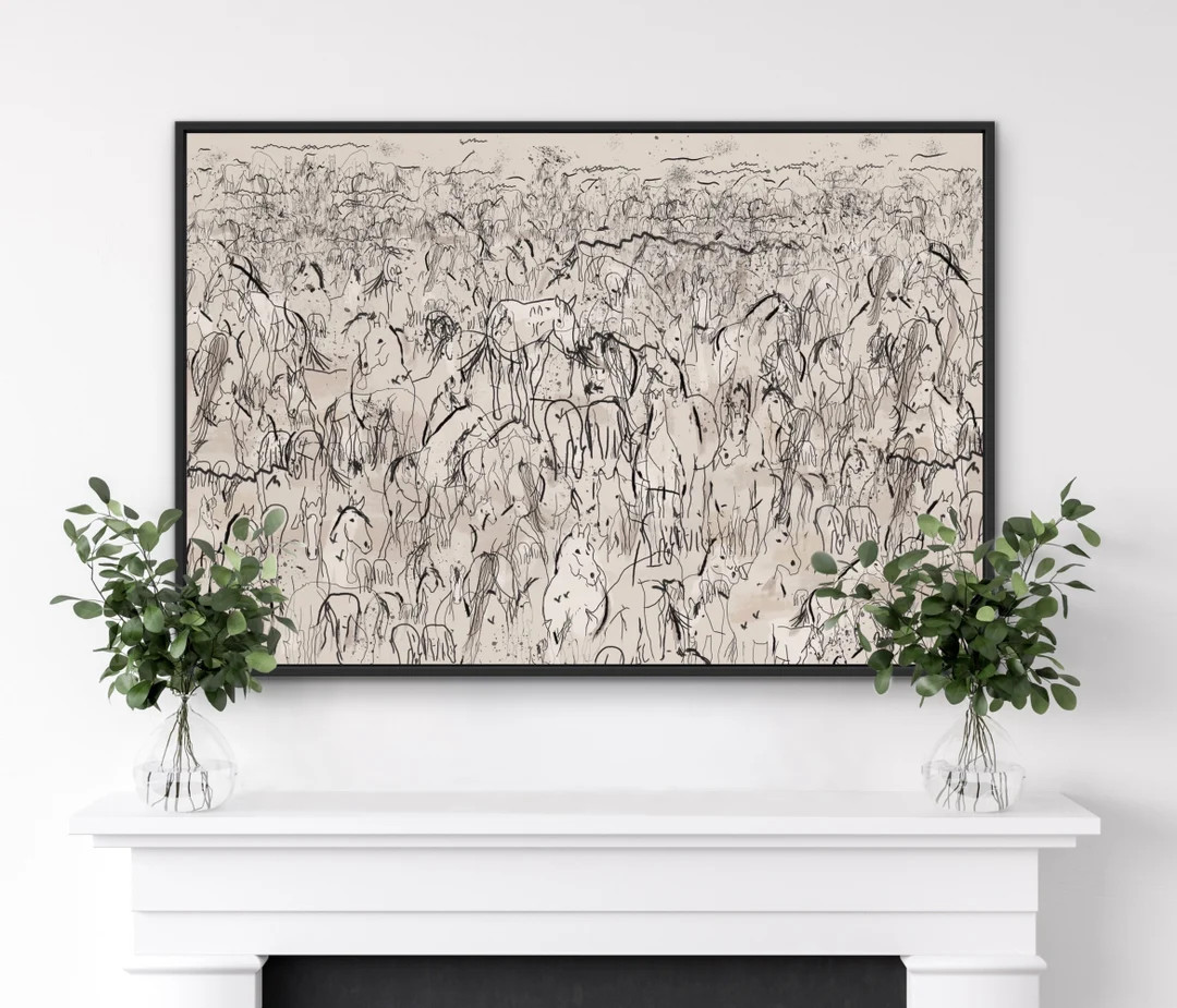 Herd of Horses Abstract Canvas Wall Art, Mid Century Modern Original Art Print, Large Wall Art Oi... | Etsy (US)