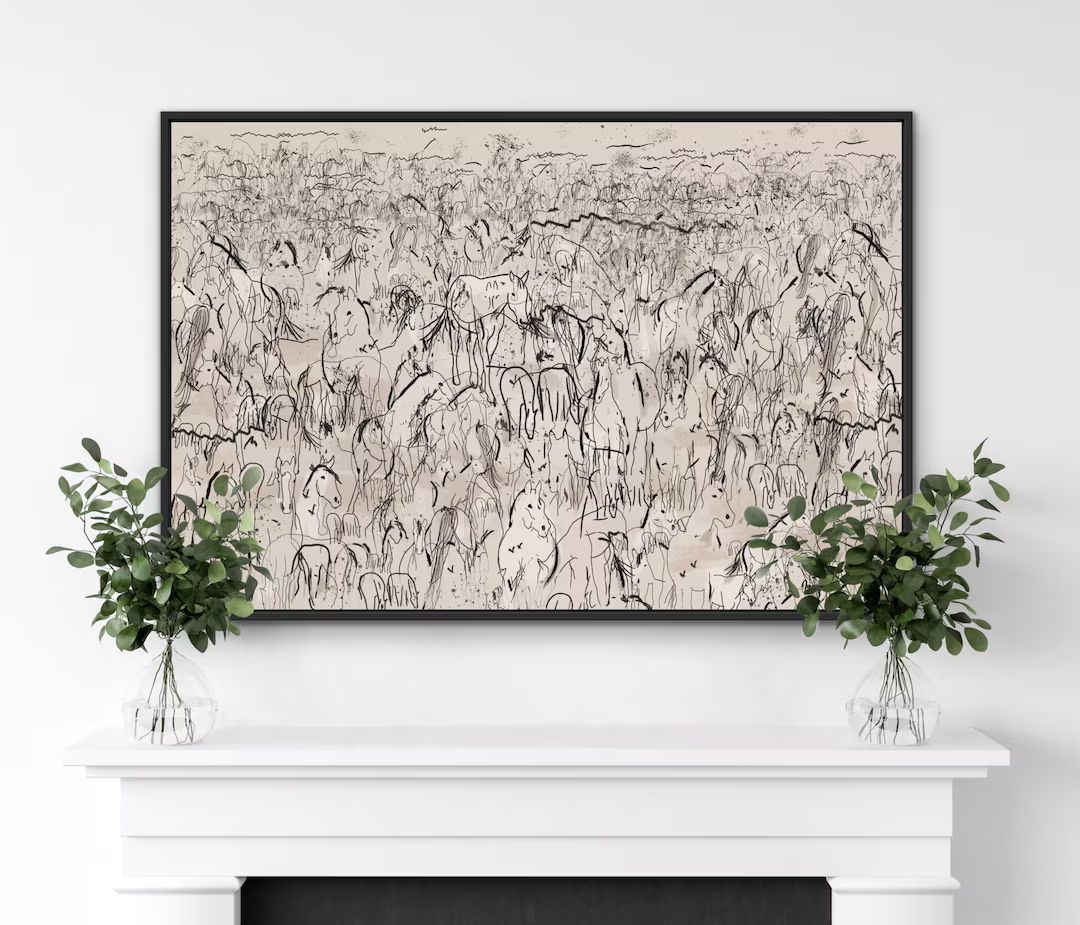 Herd of Horses Abstract Canvas Wall Art, Mid Century Modern Original Art Print, Large Wall Art Oi... | Etsy (US)