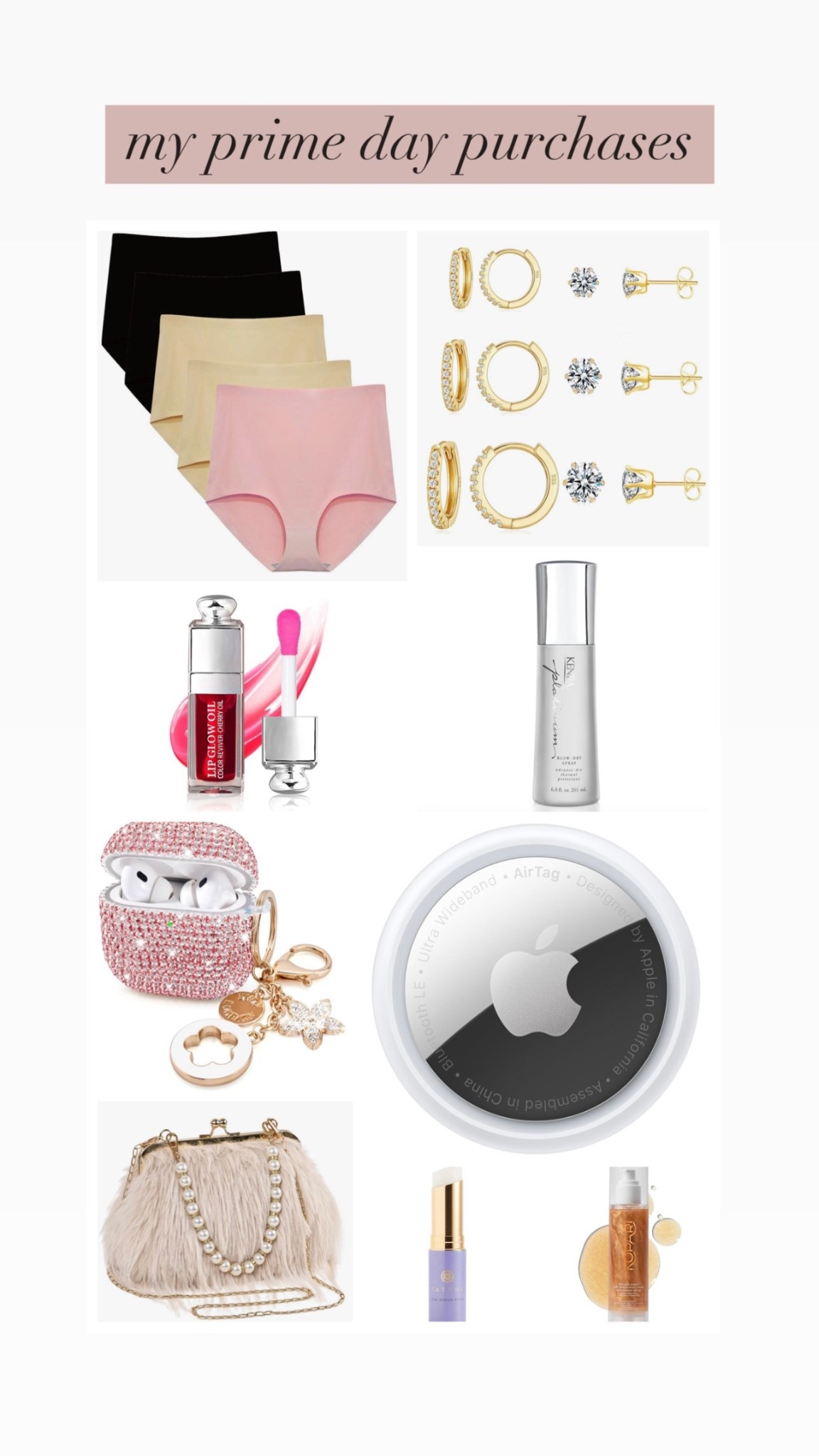 My Prime Day purchases! Some i have used and loved— others are new! 

My favorite seamless & no show underwear for under skirts & dresses!! Literally they do not show! True to size! I order a small. 

My favorite blow dry mist— I’ve used since 2020! 

Of course— I needed more AirTags! 

And the rest is new! I’ll update once I receive 🫶🏻

#LTKSaleAlert #LTKBeauty #LTKFindsUnder100