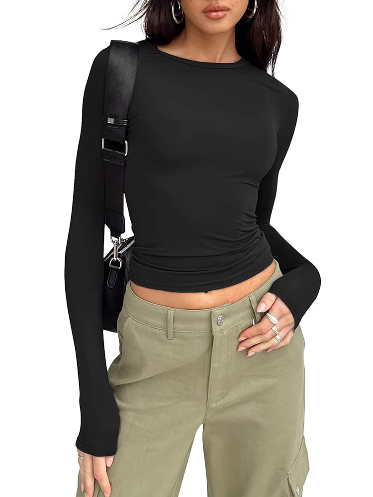 Trendy Queen Womens Long Sleeve Shirts Fall Fashion 2025 Basic Crop Tops Going Out Workout Outfit... | Amazon (US)