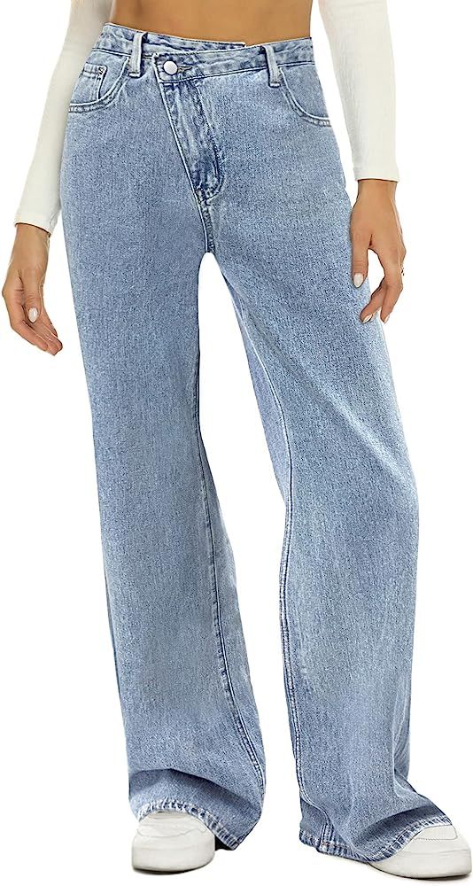 HDLTE Women Wide Leg Jeans High Waist Baggy Jeans Loose Boyfriend Jeans Denim Pants Y2K | Amazon (US)