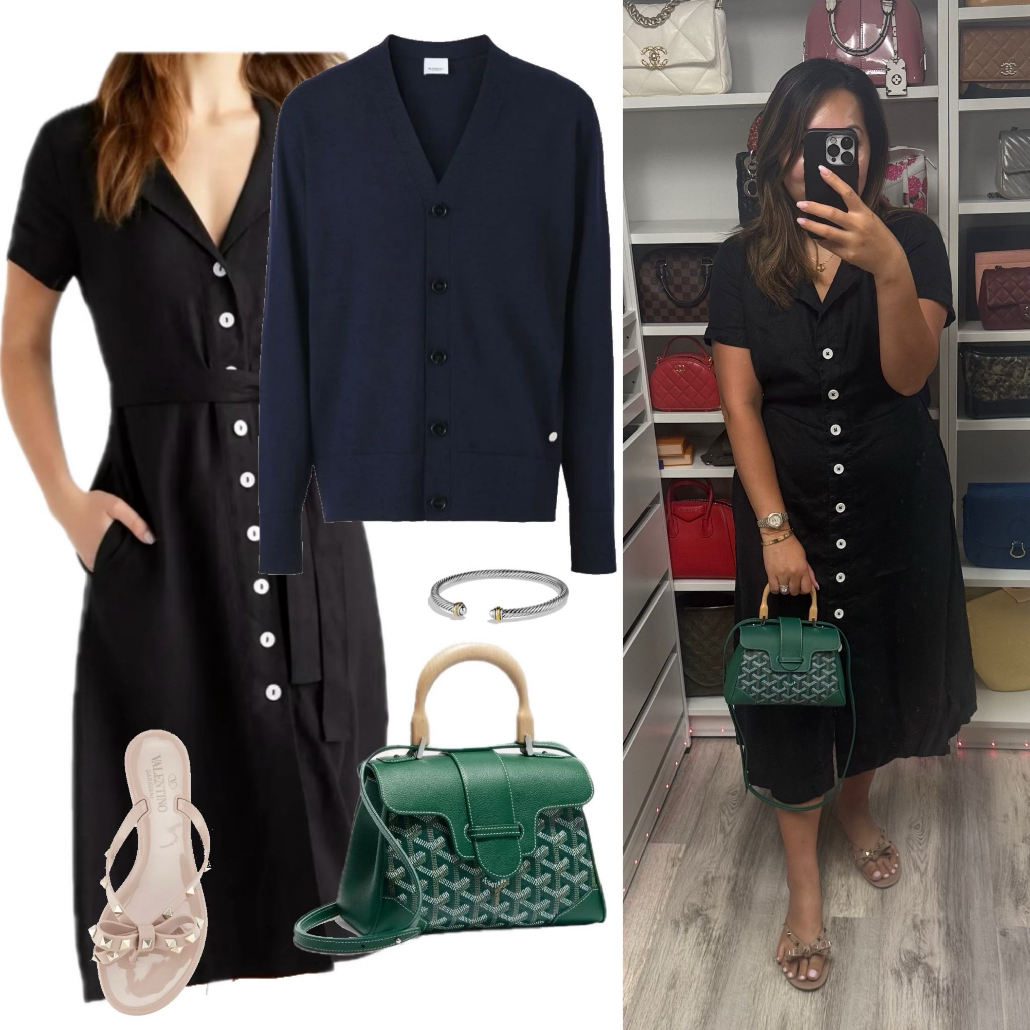 Dress 👗 - quince 
Cardigan - Burberry
Valentino sandals 🩴 
Purse - goyard
David yurman bracelet 

#LTKStyleTip #LTKShoeCrush #LTKItBag