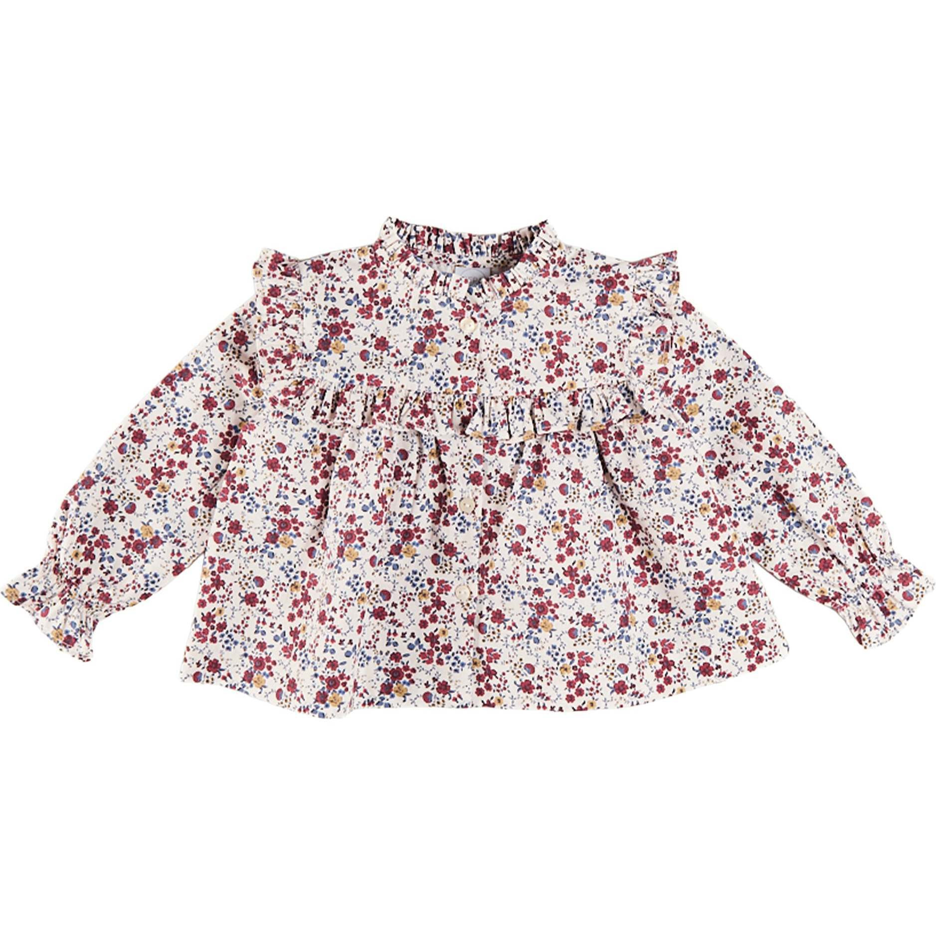 Louisa Floral Ruffle Trim Long Sleeve Blouse, Burgundy | Maisonette