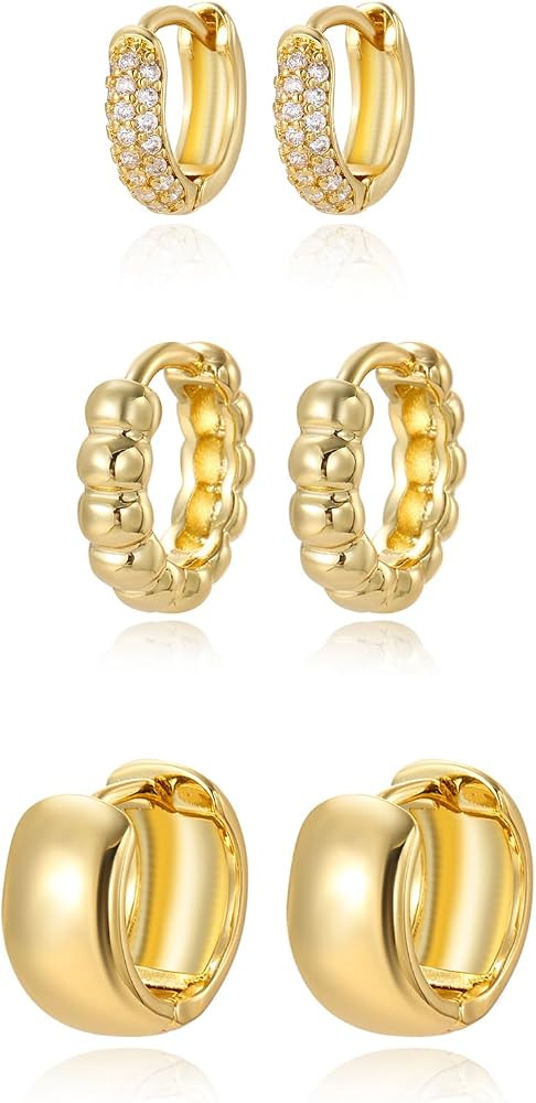 3 Pairs Huggie Hoop Earring Set 18K Gold Plated Cubic Zirconia Cartilage Earrings, Multi Piercing... | Amazon (US)