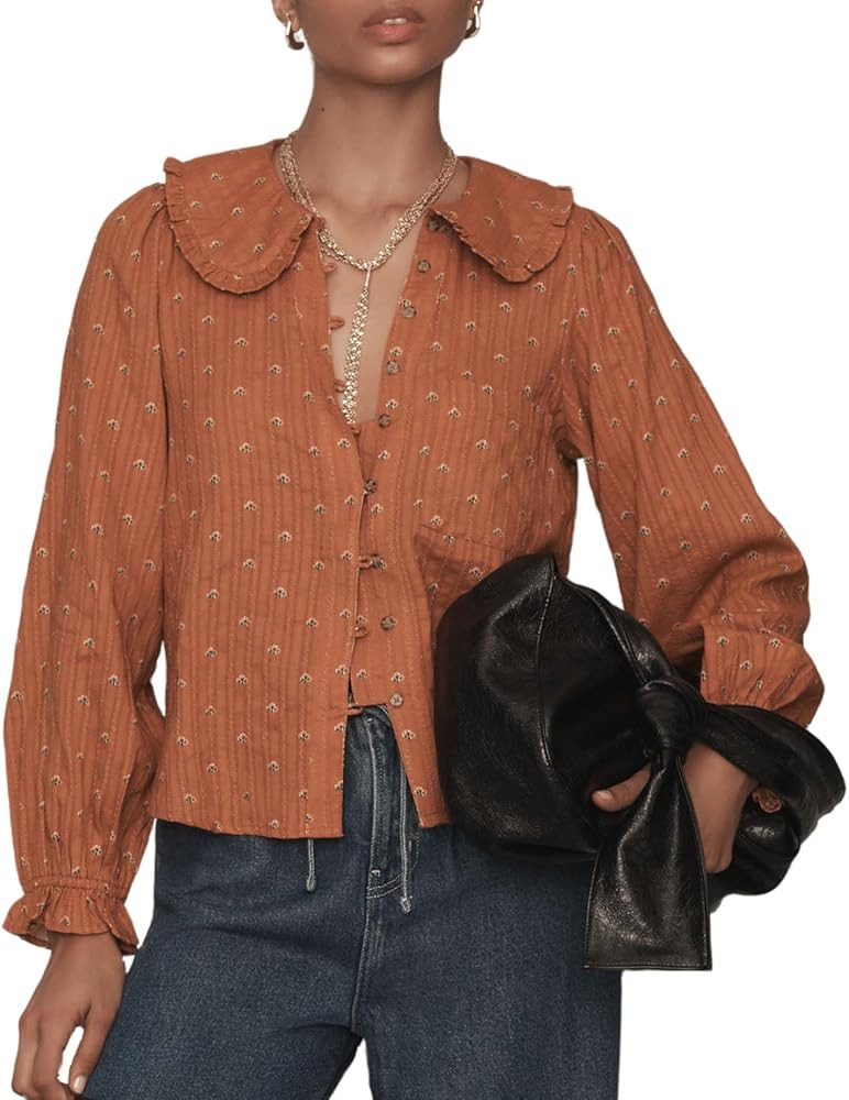 Women Y2k Peter Pan Collar Shirts Ruffle Puff Long Sleeve Button Down Babydoll Blouse Lapel Going... | Amazon (US)