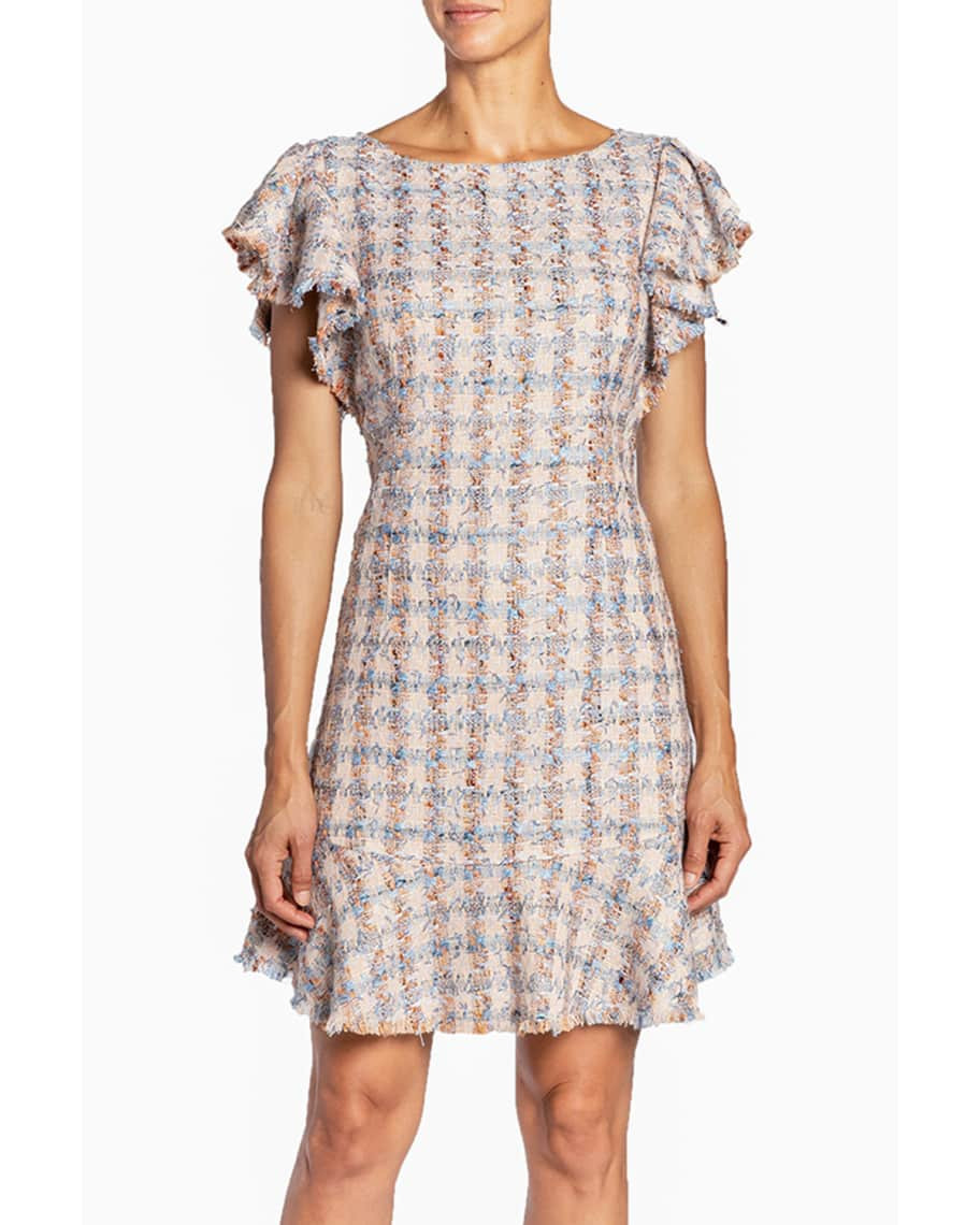 Santorelli Deste Flutter-Sleeve Tweed Dress | Neiman Marcus