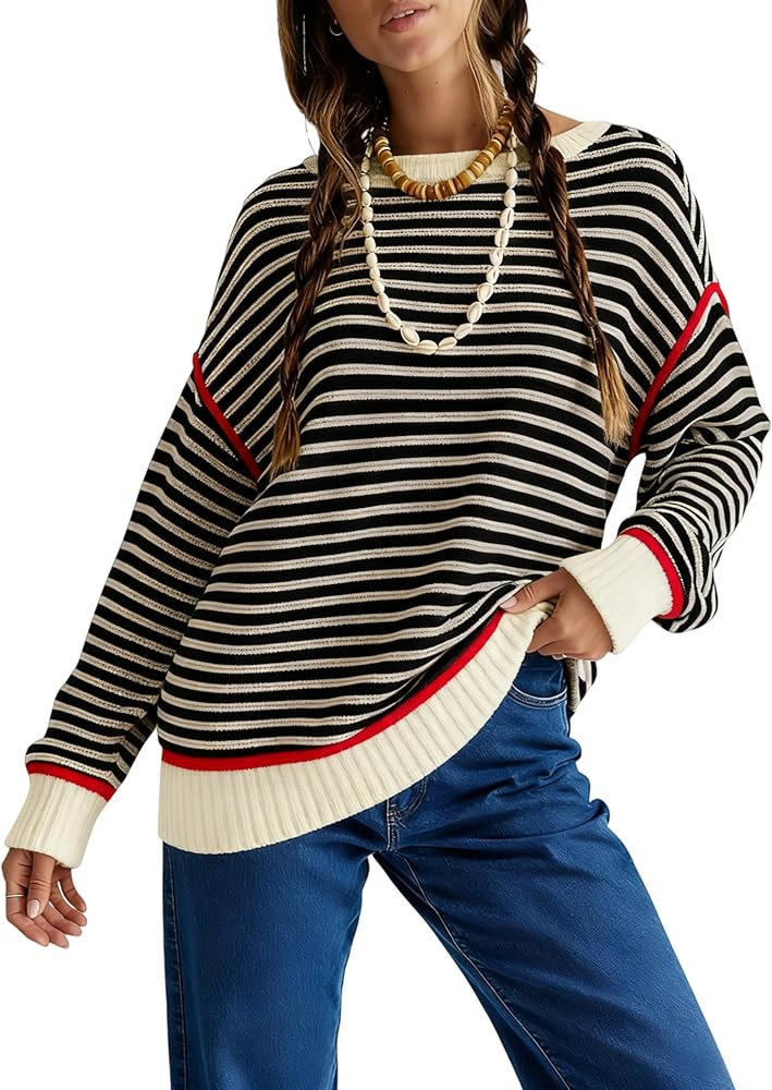 Majdan Women's Oversized Striped Sweater Long Sleeve Knitted Crewneck Pullover Tops Loose Fall Ou... | Amazon (US)