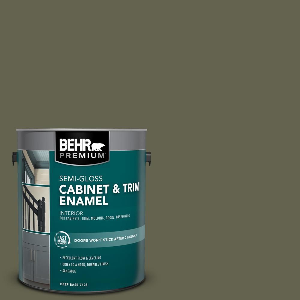 BEHR PREMIUM 1 gal. #N350-7 Olive Semi-Gloss Enamel Interior Cabinet and Trim Paint, Green | The Home Depot