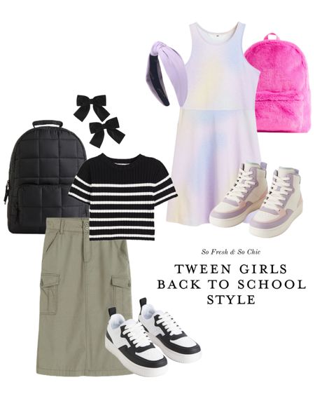 Tween girl back to school first day outfit ideas!
-
H&M kids fashion - kids accessories - kids style - first day of school outfits - green cargo skirt - midi skirt girls - striped black and white nerdey shirt girls - printed unicorn pastel jersey sleeveless dress girls  - fluffy hot pink backpack tween girls - barbiecore backpack - black quilted backpack girls - black and white sneakers girls - tween girls fashion - white Nike sneakers girls - purple faux leather knotted headband -  black velvet bow clips - back to school outfit - back to school fashion 
- pastel high top sneakers girls - affordable back to school fashion - affordable girls outfits 

#LTKBacktoSchool #LTKstyletip #LTKkids