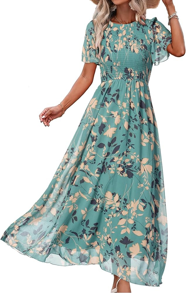 Simplee Womens Summer Floral Summer Maxi Dresses Boho Flowy Flutter Short Sleeve Crew Neck Vacati... | Amazon (US)