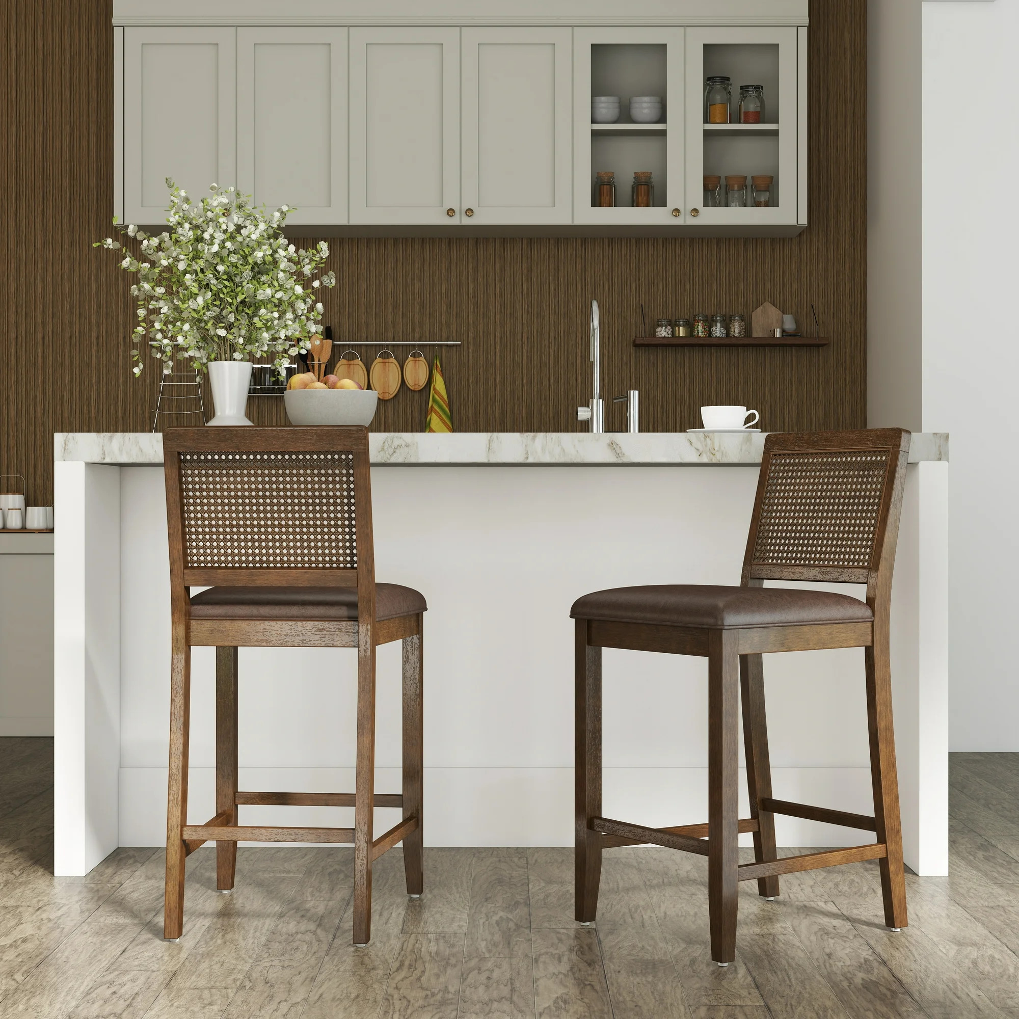 Guyou 26" Rattan Bar Stools Set of 2, Farmhouse Faux Leather Upholstered Counter Height Stools wi... | Walmart (US)