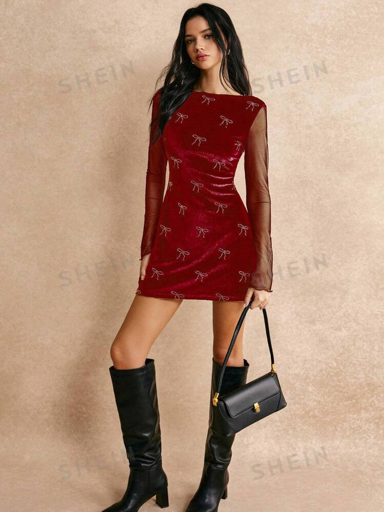 Poéselle Women's Long Sleeve Mesh Patchwork Casual Short Mini Dress | SHEIN USA | SHEIN