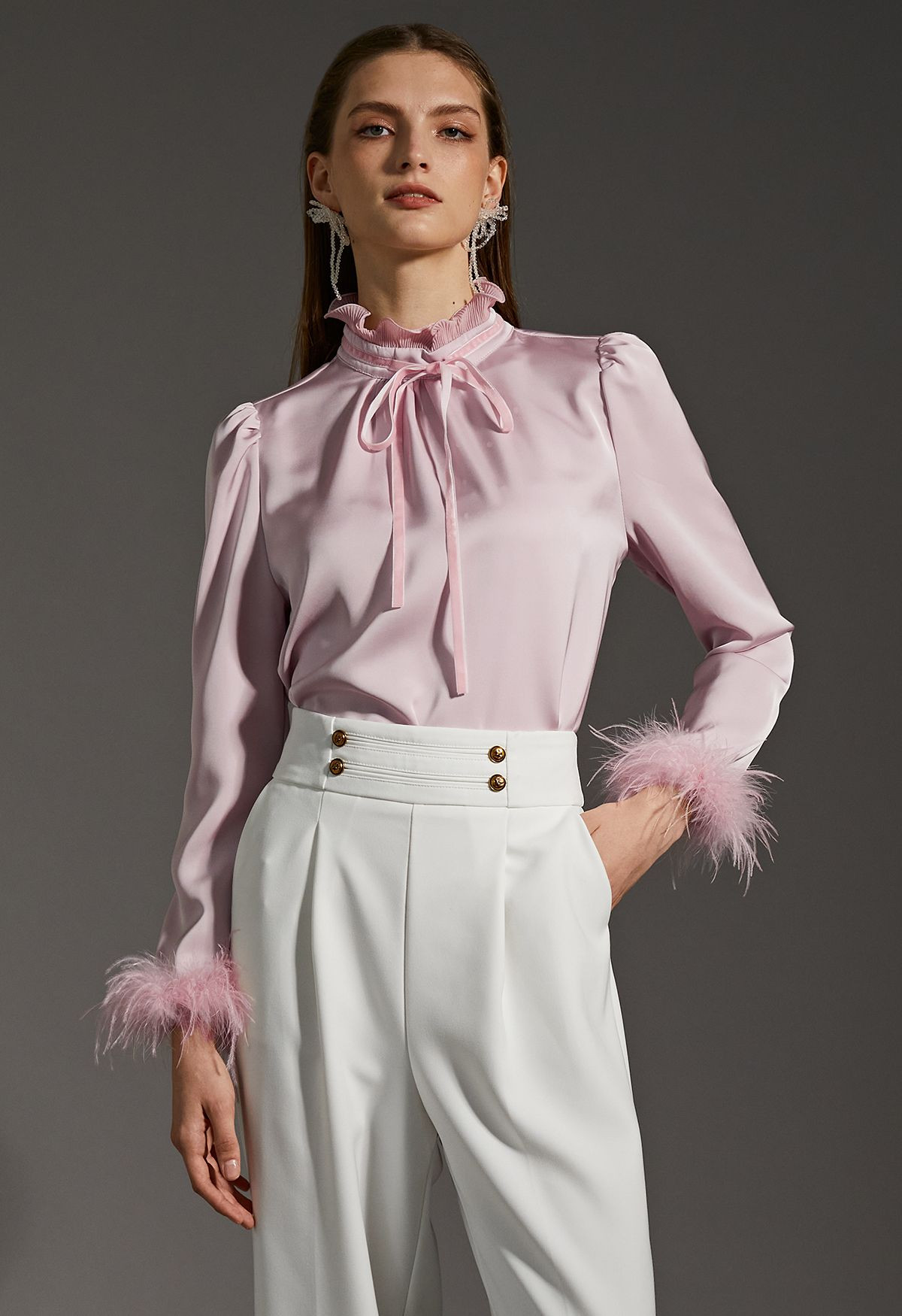 Ruffled Neckline Feathered Cuffs Satin Shirt in Pink | Chicwish