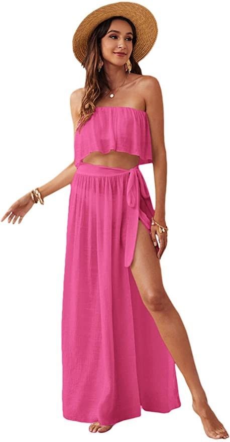 Verdusa Women's 2 Piece See Through Bandeau Top and Tie Cover Up Set, Memorial Day Outfit | Amazon (US)