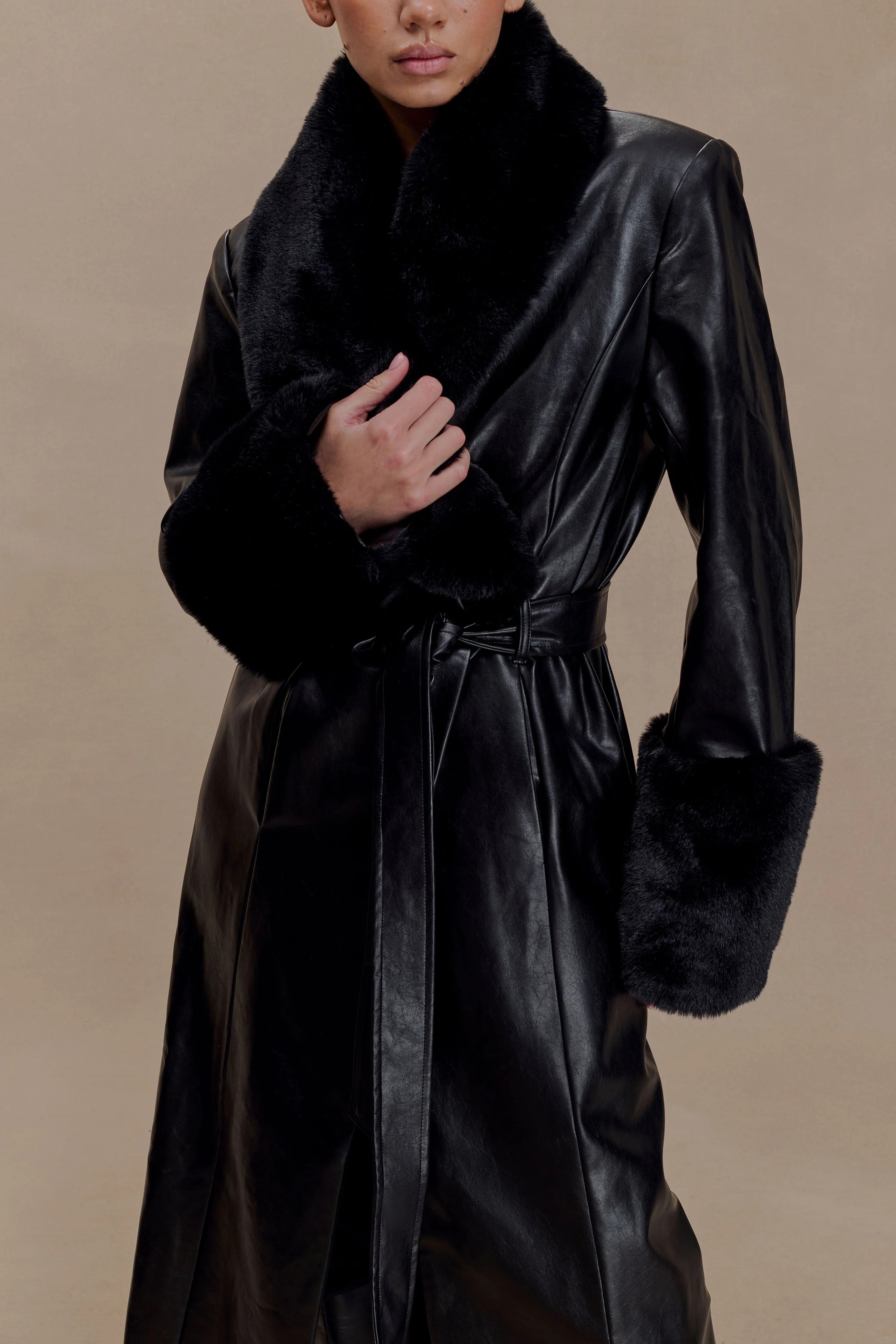 Bec Faux Leather Trench Coat With Faux Fur - Black | MESHKI US