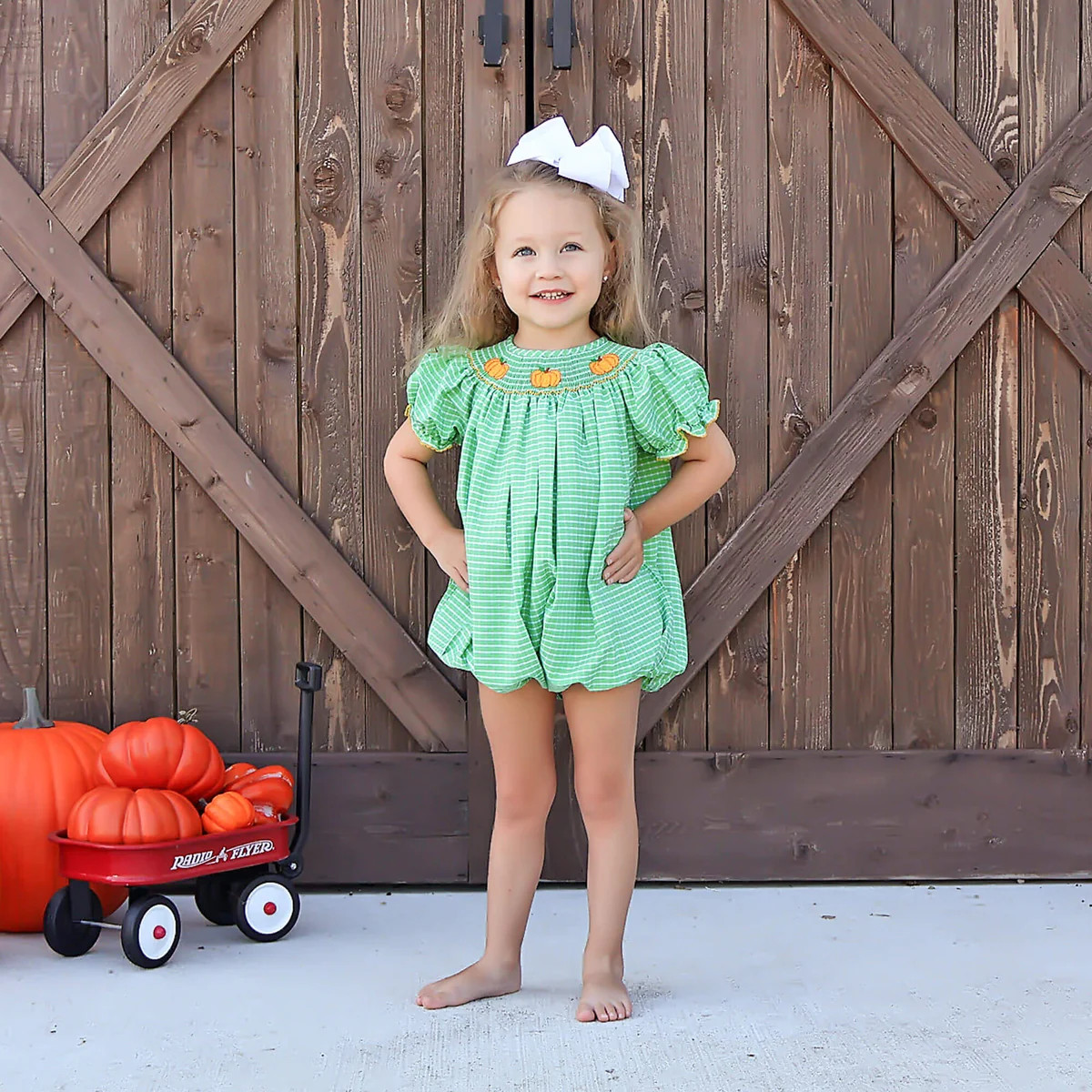 Paradise Pumpkin Smocked Green Windowpane Bishop Bubble | Classic Whimsy