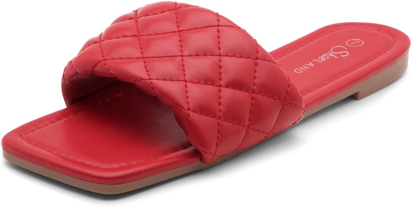 Shoe Land Anisha Women's Slides Square Open Toe Quilted Single Band Slip on Flat Sandals | Amazon (US)