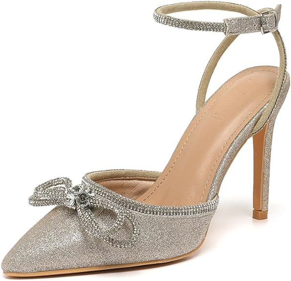 Amoji Women's Stilettos Rhinestone High Heels 4'' Pumps Ankle Strappy for Wedding Party Dressing ... | Amazon (US)