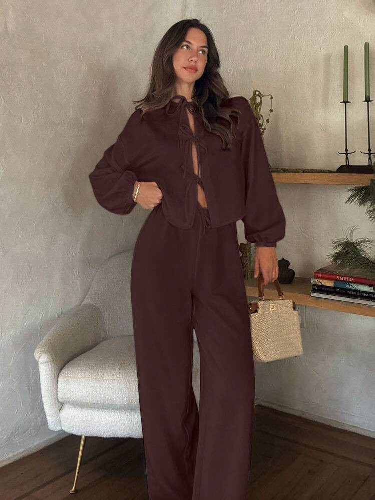 Women Solid Color Wide Leg Baloon Sleeves Front Bow Tie Details Two Pieces Set | SHEIN