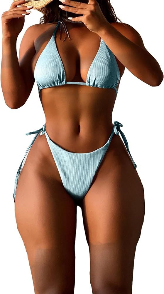 SOLY HUX Women's Two Piece Swimsuit Halter Triangle Tie Side Bikini Sets Bathing Suits | Amazon (US)
