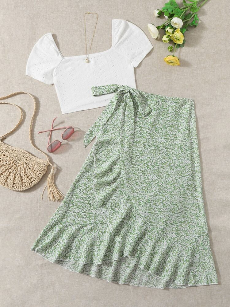 SHEIN VCAY Solid Crop Top & Ditsy Floral Print Wrap Skirt Set | SHEIN