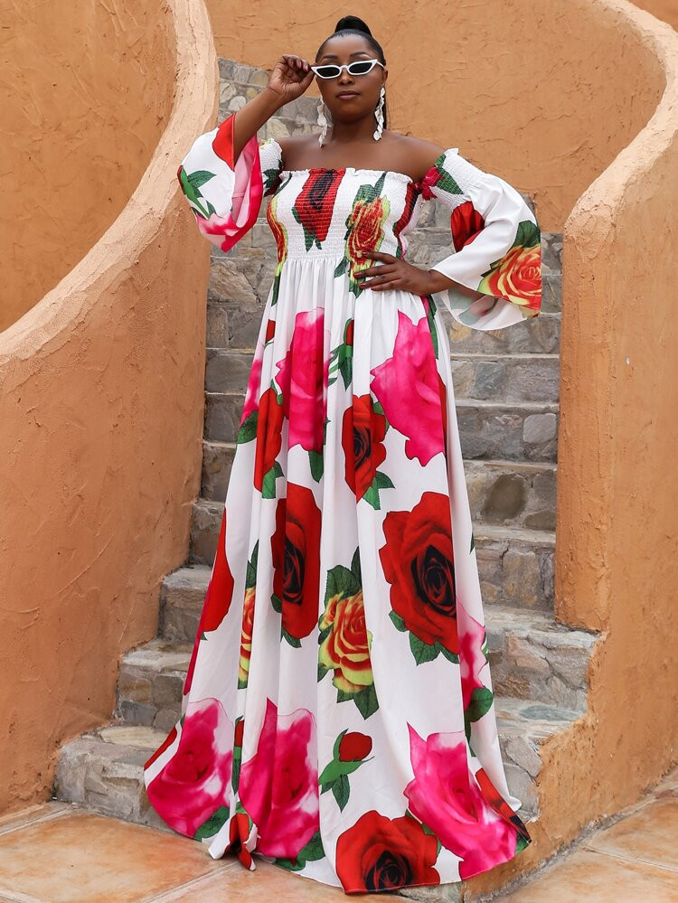 seomiscky Plus Floral Print Shirred Bardot Dress | SHEIN