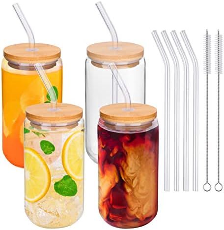 Glass Cups With Lids And Straws - 16oz Drinking Glasses 4pcs Set - Glass Coffee Cups With Lids An... | Amazon (US)