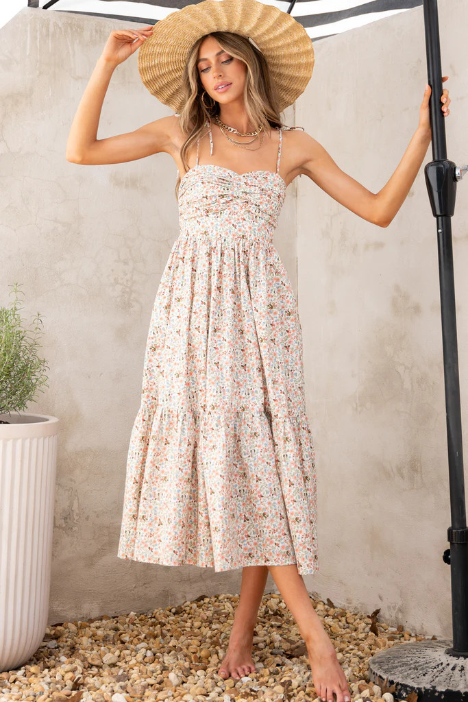 Frolic Through The Fields Ivory Multi Midi Dress | Red Dress 