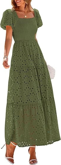 PRETTYGARDEN Summer Dresses for Women Eyelet Square Neck Puff Sleeve Smocked Wedding Guest Maxi D... | Walmart (US)